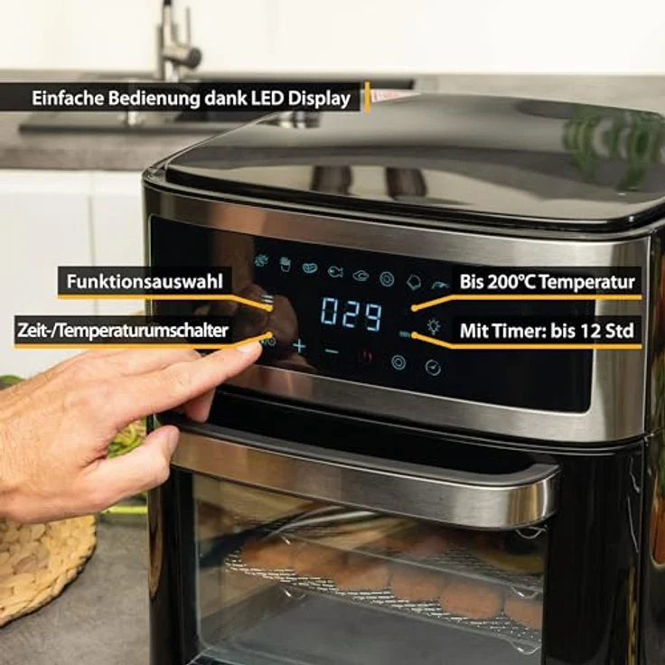TZS First Austria Heißluftfritteuse 13L, Heißluftofen, Minibackofen, Airfryer, Dörrautomat, Umluft, digital, 8 Programme, 5L Antihaft-Edelstahlkorb, 1700W, 12-Stunden-Timer, ohne Öl – Bild 4