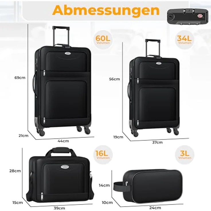 KESSER® Reisekoffer Set 4-teilig, Trolley Kofferset mit 3-Ziffern-TSA-Schloss, 360° Rollen, Teleskopgriff, inkl. Kosmetiktasche und Handgepäck – strapazierfähige Stoffkoffer für Business & Reisen – Bild 2