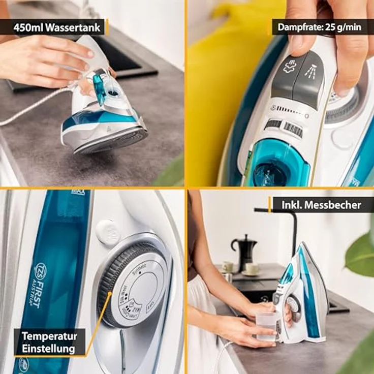 TZS First Austria Dampfbügeleisen I 3100W I Keramiksohle I Selbstreinigung I Vertikaldampf I Anti-Kalk I Trockenbügeln I 0,45l Wassertank I 1.4kg | grün – Bild 4