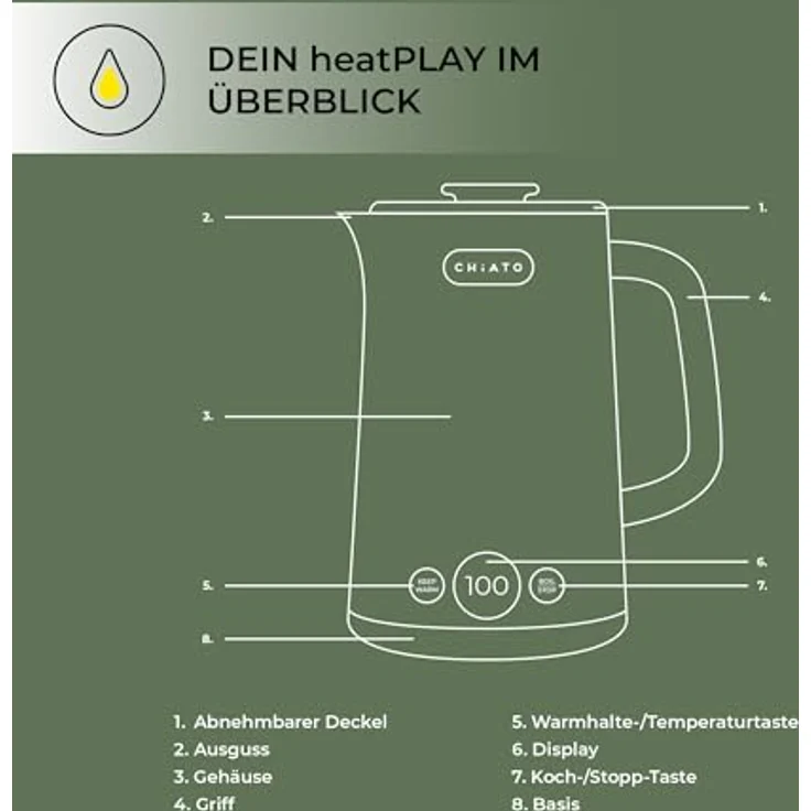 CHiATO heatPLAY Groove, Wasserkocher mit 1,7 Litern, smartem Temperaturdisplay und Warmhaltefunktion – Bild 9