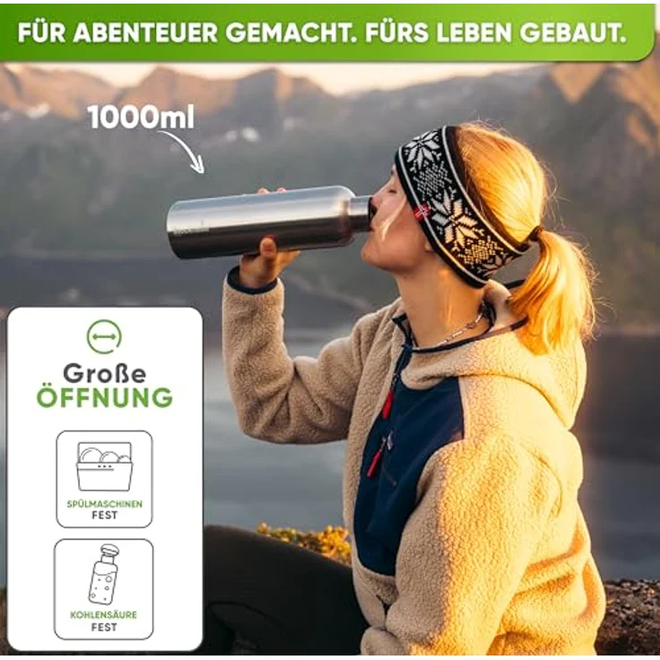 Blockhütte Premium Edelstahl Trinkflasche isoliert, 1L, auslaufsicher, spülmaschinenfest, mit Naturborsten Bürste, BPA-frei – Bild 2