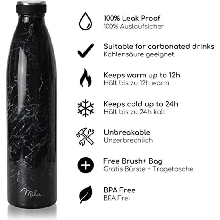 Milu Edelstahl Trinkflasche 750ml, doppelwandige Thermosflasche, auslaufsicher und kohlensäuregeeignet, Granit, inkl. Reinigungsbürste – Bild 2