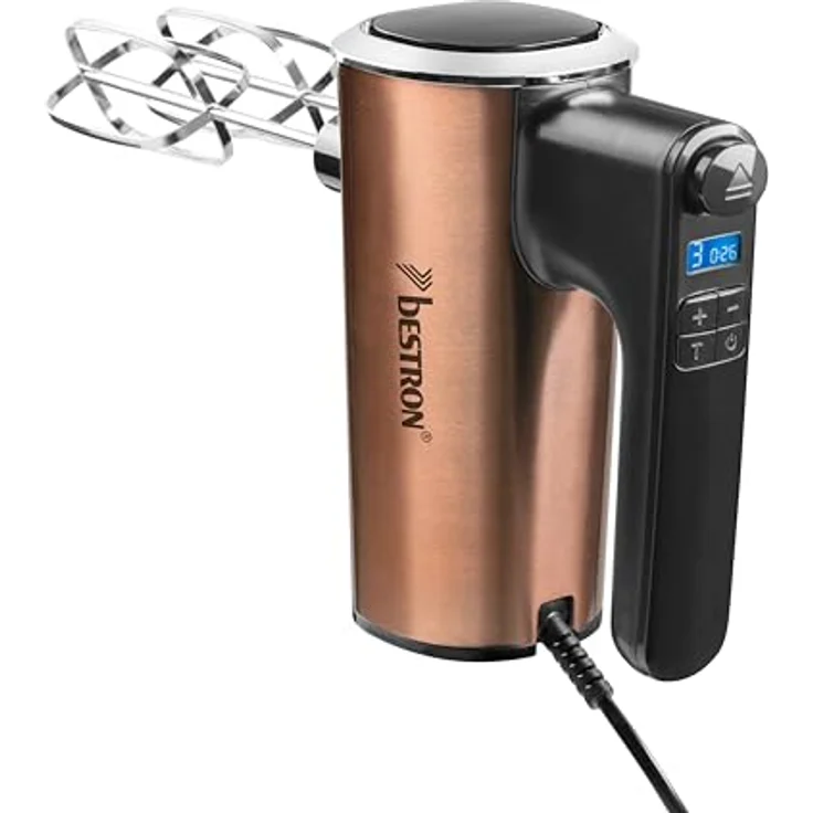 Bestron Power Handmixer AHMD100CO, 400W mit 6 Geschwindigkeitsstufen, Turbo-Funktion & LCD-Display, inkl. 2 Schneebesen & 2 Knethaken, leichtgewichtig, Farbe: Kupfer – Bild 1