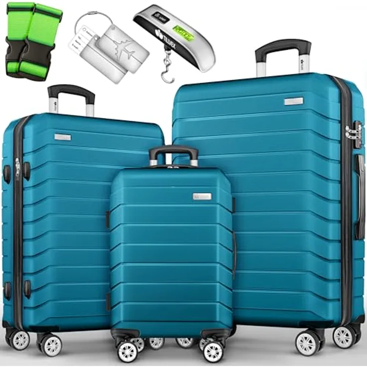 tillvex® Reisekoffer Set 3-TLG. Hartschalenkoffer S-M-L-XL mit 4 Rollen, TSA Schloss, Gepäckwaage, Koffergurte & Kofferanhänger, Türkis