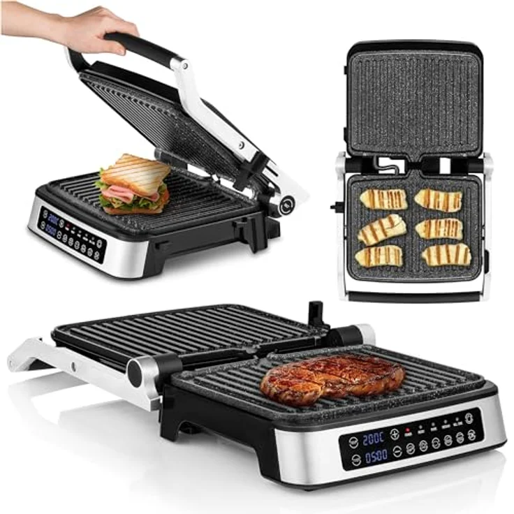 Zeegma Grill Chef Elektrischer Kontaktgrill und Sandwichtoaster 2100W, Herausnehmbare Heizplatten, 2in1, 180 ° Klappbar, ILAG-Antihaftbeschichtung, Tropfschale, Akustische Benachrichtigungen (SILVER) – Bild 1