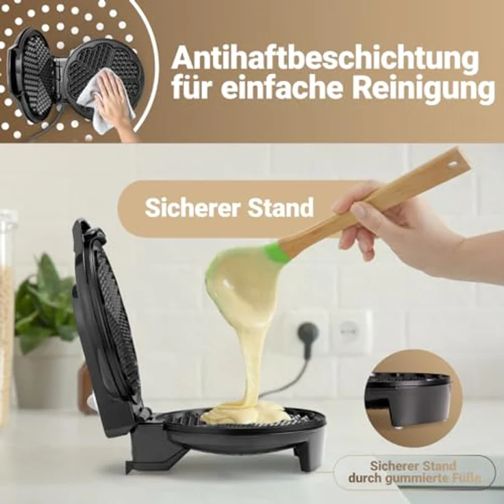 Bomann WA 5018 CB Waffelautomat, 1200 Watt, Stufenlos regelbarer Bräunungsgrad, Große Backflächen Ø 18 cm antihaftbeschichtet, Schwarz – Bild 2