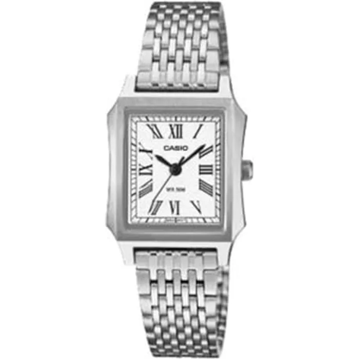 Casio LTP-B190D-7BVER Damenuhr, elegantes Edelstahlgehäuse in Silber, weißes Zifferblatt, Quarzwerk, 5 bar wasserdicht