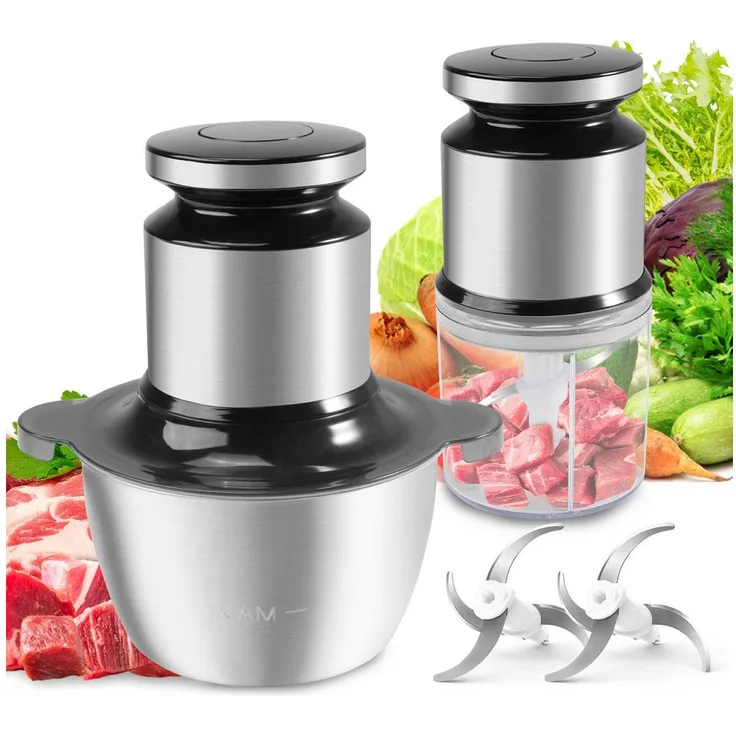 Forrlite Universalzerkleinerer, Elektrisch mit 2L Edelstahlschüssel, 1000W Leistung, 360° Doppelschicht-Edelstahlklingen für Fleisch, Zwiebeln, Gemüse