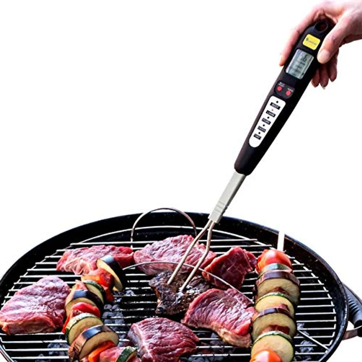 250 Grad digitales Grillthermometer Fleischthermometer Bratenthermometer Ofenthermometer mit Edelstahlsonden und blauer Hinterbeleuchtung Grillgabel mit 4 Programmen und 5 Fleischsorten – Bild 2