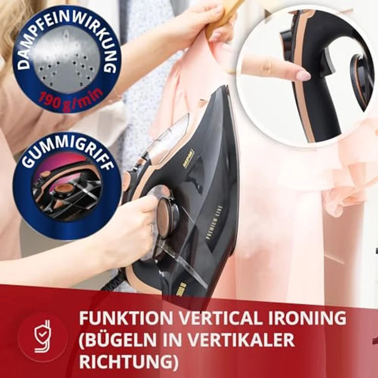 MPM Bügeleisen mit Keramiksohle MZE-24/C - 190g Dampfstoß - Kontinuierlicher Dampf - Vertikale Dampffunktion - Auto Shut-Off - 3000W - 300ml Wassertank - Schwarz – Bild 3