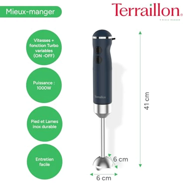 Terraillon New Moon Elektrischer Stabmixer, 1000 W, Edelstahlklingen, Turbo-Funktion, variable Geschwindigkeit, Messbecher, Schneebesen, Zerkleinerer 600 ml, Kartoffelpresse, lackiert – Bild 5