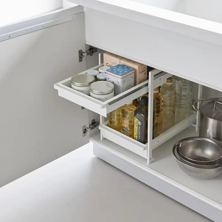 Yamazaki TOWER 2-stöckiges Spülschrank-Regal mit höhenverstellbaren Schiebeböden, Küchen Organizer, Weiss – Bild 6