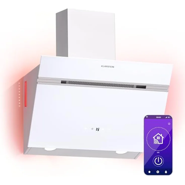 Klarstein Dunstabzugshaube 60cm, Abluft/Umluft Dunstabzugshaube mit Aktivkohlefilter & LED-Beleuchtung, 600m³/h Luftstrom, IoT/Wi-Fi, Leise Schräghaube, Dunstabzugshauben 60 cm, weiß – Bild 1