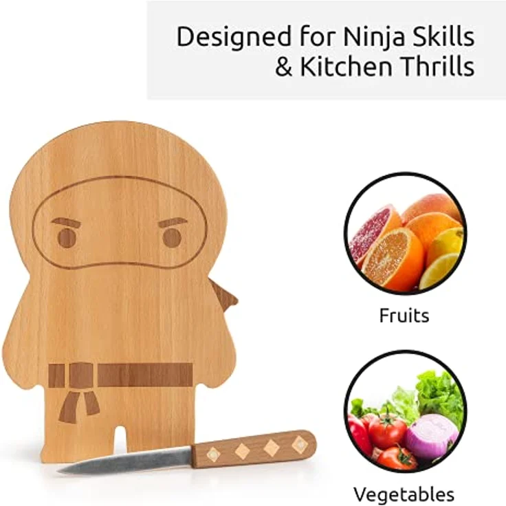 OTOTO – Ninja Board – Kleines Schneidebrett und Messer Set – Küchengeschenk zum Schneiden von Obst und Gemüse – Brett aus Holz und Messer aus Edelstahl – Maße – 25,4 x 17,8 x 1,5 cm – Bild 3