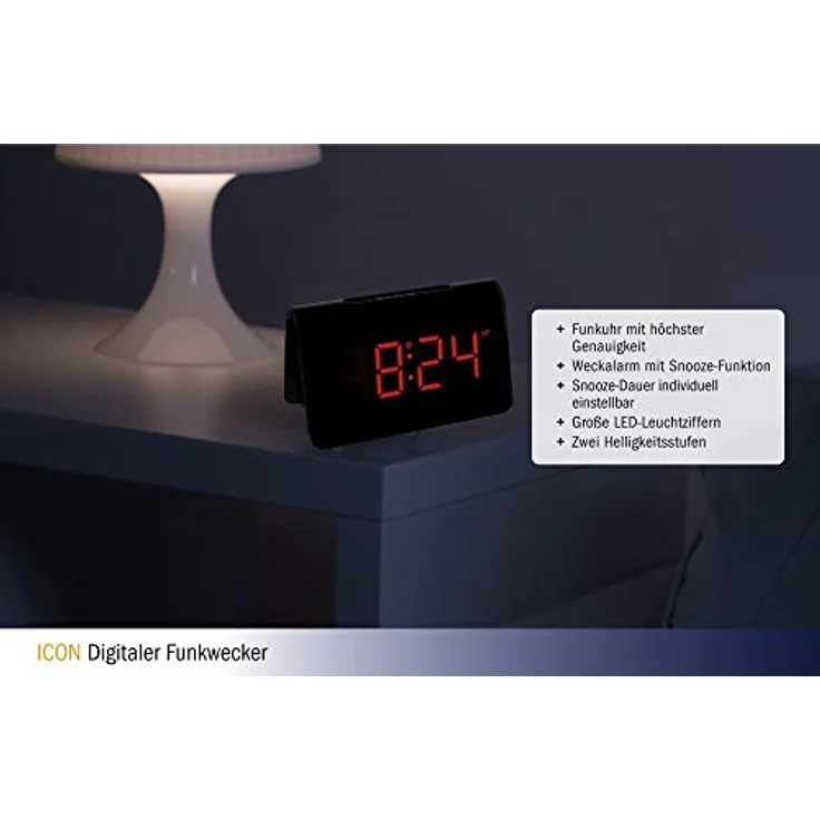 TFA Dostmann Funkwecker ICON TFA 60.2543, Schwarz, LED Leuchtziffern, Funkuhr mit Weckalarm und Snooze-Funktion – Bild 5