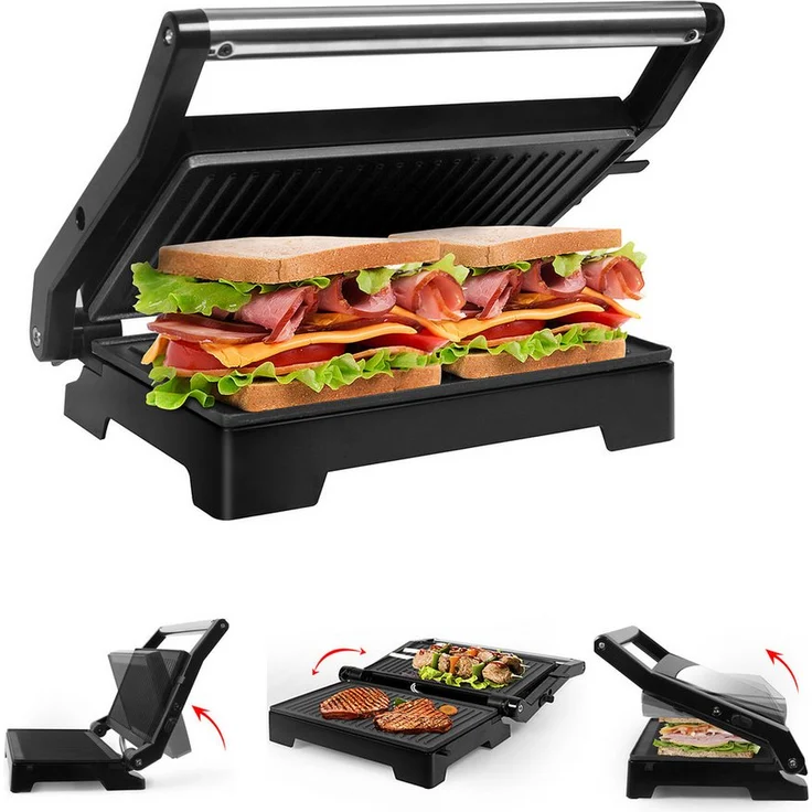 Gotoll Kontaktgrill GLHS152D, 1000 W Panini Maker mit 180° Klappmechanismus, Tischgrill