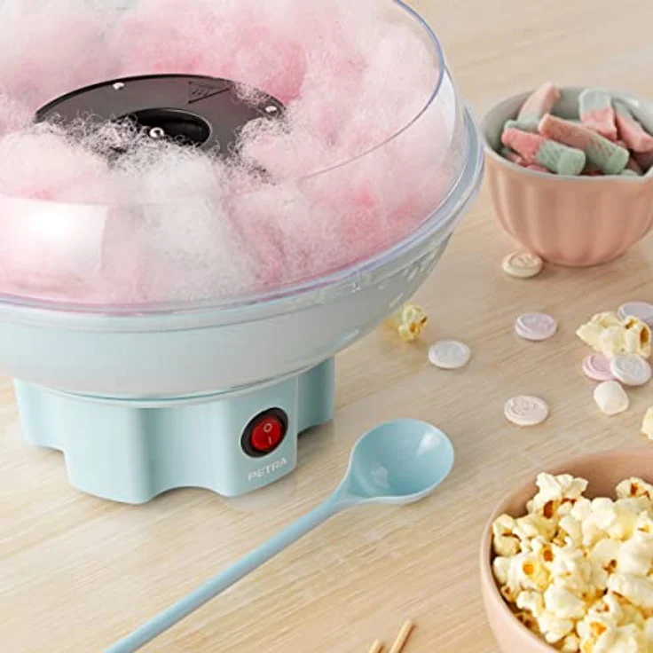Petra PT2641BLVDEEU7 Zuckerwattemaschine für Zuhause - Elektrische Retro Zuckerwatte-Maschine fur Kindergeburtstag, Enthält 50 x Zuckerwatte Stäbchen & Messlöffel, 400W, BPA-frei, Tragbare, Blau – Bild 4