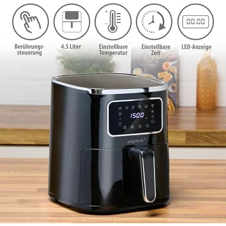 Alpina Heißluftfritteuse 4.5L - Airfryer für 3 bis 4 Personen - Digitalanzeige, Temperatur 80-200°C, Timer 60 Minuten - 1450W - Schwarz – Bild 4