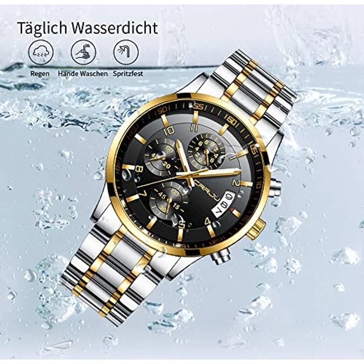CRRJU Herren Chronographen Armbanduhr, Wasserdicht mit Kalender, Edelstahlarmband in Silber, Gold und Schwarz – Bild 4