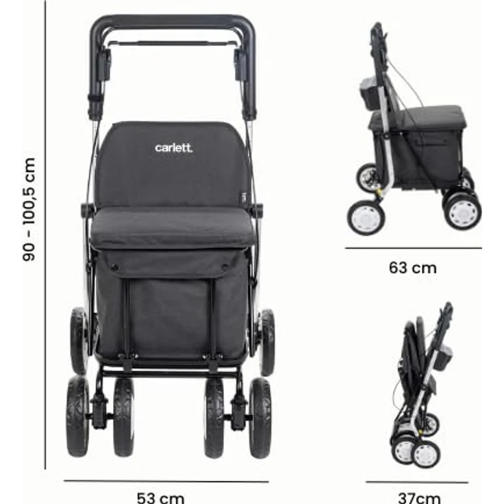 Carlett Rollator und Einkaufstrolley mit Sitz, höhenverstellbarer Griff, Parkbremse, robuste Aluminiumkonstruktion, 3 Positionen Räder, Hellgrau – Bild 3