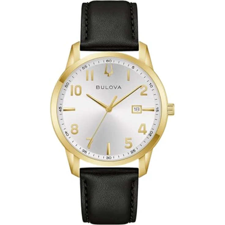 Bulova Herrenarmbanduhr Classic Quarz, Schwarz/Goldfarben, Edelstahlgehäuse, Lederarmband, Kalenderfunktion, analog – Bild 1