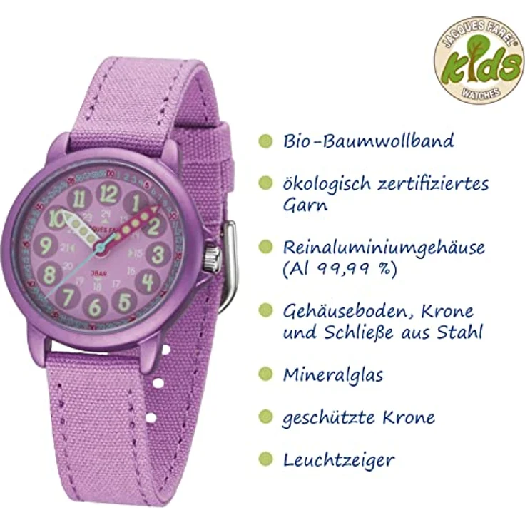 JACQUES FAREL Lernuhr Öko Kinderuhr Mädchen Armbanduhr in Lila Violett aus Bio-Baumwolle, Analog Quarz mit Lernzifferblatt, Nachhaltig ORGT 1112 – Bild 2