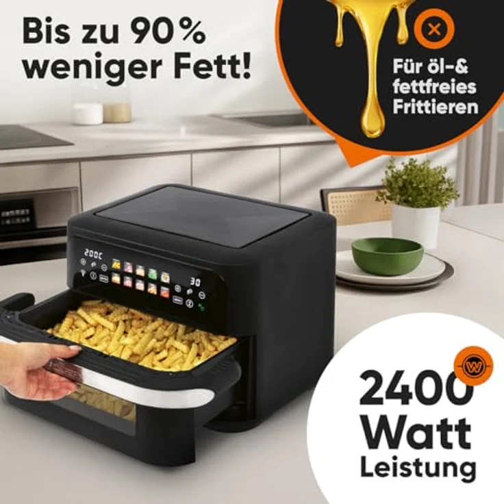 ProfiCook® XXL Heißluftfritteuse PC FR 1313 H, 10L, Öl- und fettfreies Frittieren, buntes Touch-Display, 2400W, 2 Kammern, 10 Programme, 80-200°C – Bild 2