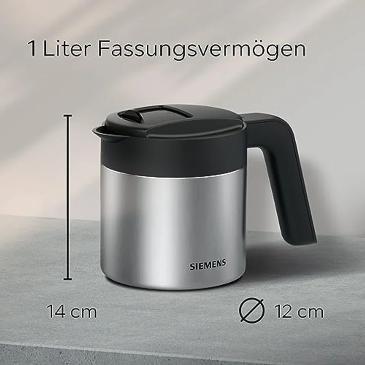 Siemens Thermo-Kaffeekanne TZ40001, direktes Brühen aus dem Kaffeevollautomaten, Warmhaltefunktion, Schiebedeckel, leicht zu reinigen, perfekt für EQ500, EQ700, EQ6 plus und EQ900, 1 L, Edelstahl – Bild 3