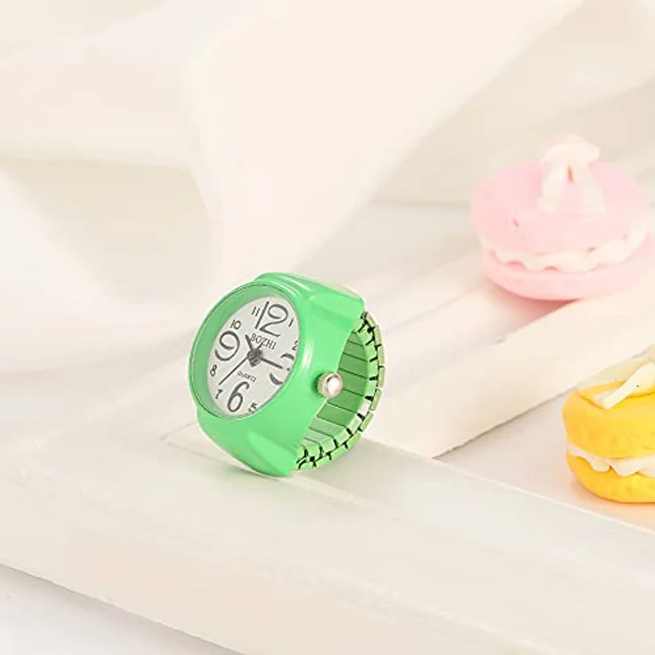 JewelryWe Damen Ringuhr Fingeruhr, Elastische Analog Quarzuhr mit Präziser Zeitanzeige, Grün – Bild 5