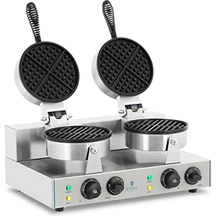 Royal Catering RCWM-2600-R Waffeleisen Waffelgerät Waffelautomat Waffle Maker Belgische Waffel Doppelt Rund (2 x 1.300 Watt, Timer 15 min, Teflon & Aluminium, Edelstahl)