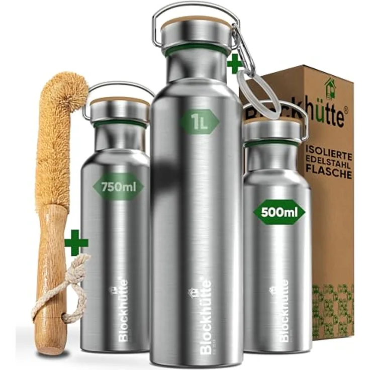 Blockhütte Premium Edelstahl Trinkflasche isoliert I 500ml mit Flaschenbürste I BPA Frei, Kinder und Schule, spülmaschinenfest, auslaufsicher