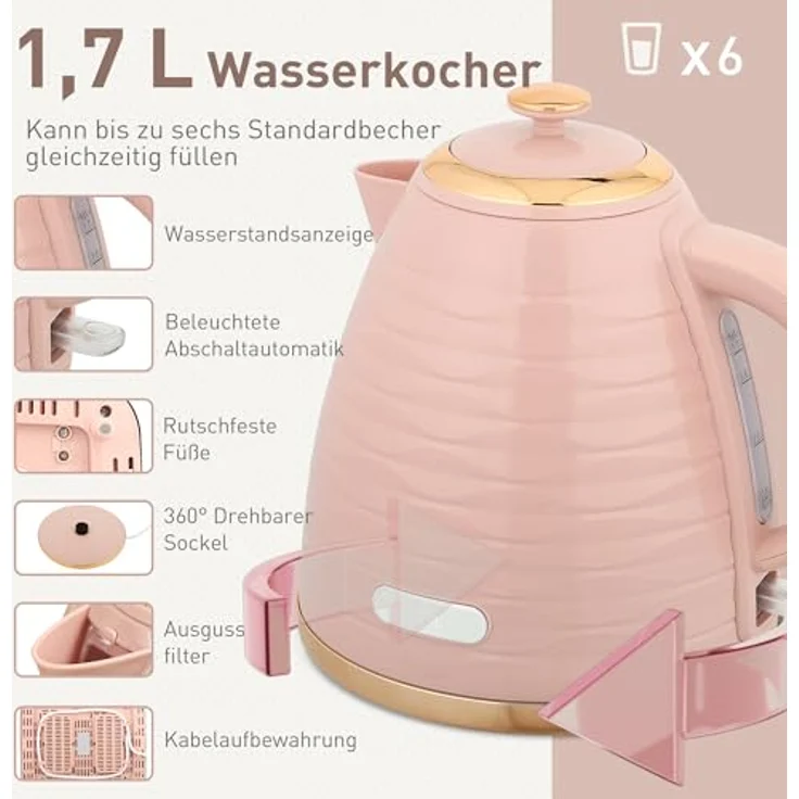 HOMCOM Toaster Frühstück-Set, 1,7L Wasserkocher und 4-Scheiben Toaster, 2200 W, mit Auftau-, Aufwärm- und Krümelfach, Rosa – Bild 3