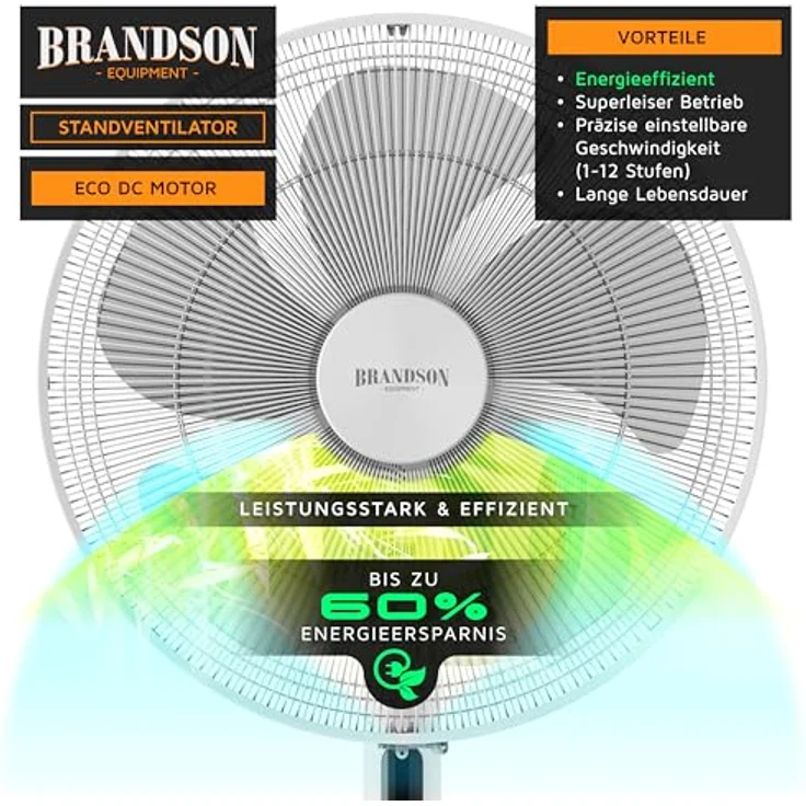 Brandson DC Standventilator ECO, energiesparend mit leisen Brushless Motor, 12 Geschwindigkeitsstufen, Fernbedienung, 80° Oszillation, Timer-Funktion, Preisträger 2026 – Bild 3