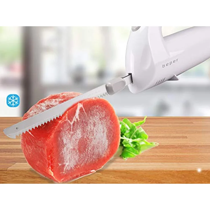 BEPER BP.790 – Elektrisches Küchenmesser für Fleisch, Brot, Tiefkühl, Käse, Obst und Gemüse, Doppelklinge aus Edelstahl, ausziehbare Klingen, Sicherheitsschalter, ABS-Kunststoff, Weiß und Taupe – Bild 3