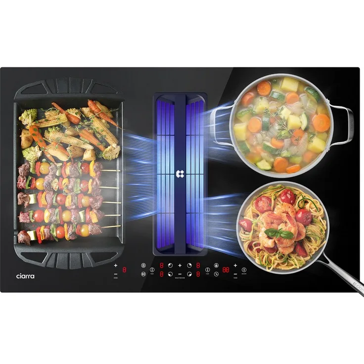 CIARRA CBBEH834BBFF, 83 cm Induktionskochfeld mit integriertem Dunstabzug und Plasma⁺-System, schwarz, 4 Zonen, 2 Flexzonen, 2-Boost