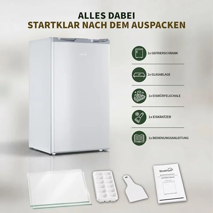 Stolthoff® Mini Gefrierschrank 63L, 4 Sterne Tiefkühlschrank bis -18 °C, leise 39 dB, wechselbarer Türanschlag, freistehend, Silber – Bild 2