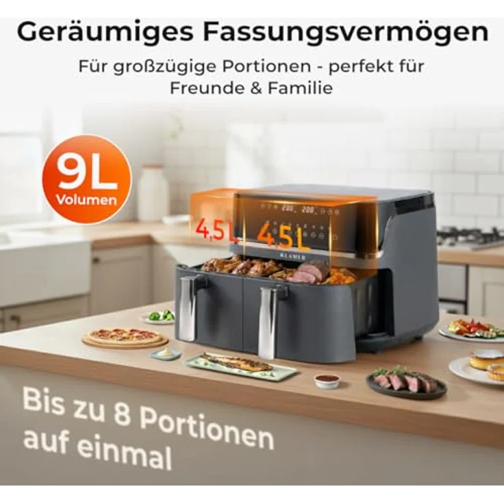 KLAMER Heißluftfritteuse Duo 9 L, Doppelkammer Airfryer mit 2 Körben, Digitaldisplay, 10 Automatikprogrammen, Dual-Funktion, Timer und 3000 W Heißluft-Zirkulation – Bild 2