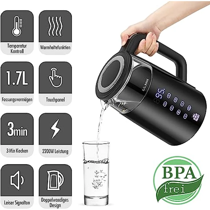 Forme Glas Wasserkocher 1,7 Temperatureinstellung Temperaturwahl 40-100°C LED Smart Digital Temperaturanzeige BPA FREI Einstellbar Glaskessel I Edelstahl Glaswasserkocher Teekessel Warmhaltefunktion - Preisvergleich – Bild 4