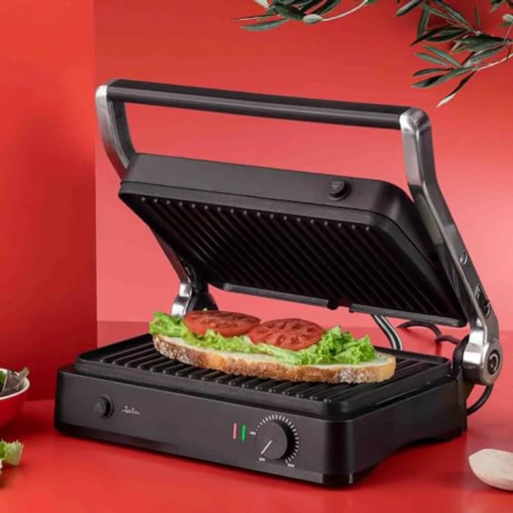 JATA JEGR1450 Panini Elektro-Grill, 2000 W, 180° Öffnung, geriffelte antihaftbeschichtete Platten, 29,6 x 21,8 cm, mit Fettauffangschale – Bild 2