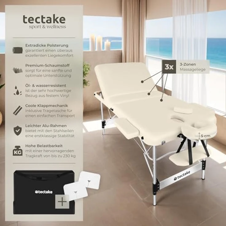 tectake Massageliege Ko Tao, klappbar, 3-Zonen, Beige, Metall, höhenverstellbar, 108x90x212 cm – Bild 2