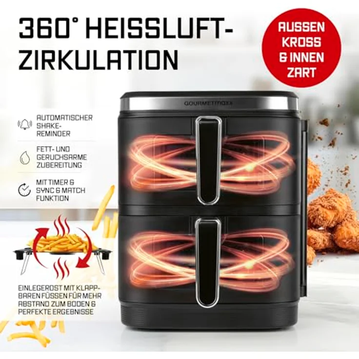 GOURMETmaxx FryUp Vertikale Doppelkammer Heißluftfritteuse XXL, 10 L, mit Sichtfenstern, Klapp-Touchdisplay und 12 Programmen für knusprige Zubereitung – Bild 4
