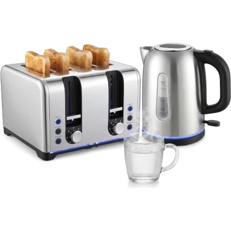 HOMCOM Wasserkocher und Toaster Set, 1,7 l Schnellkoch-Wasserkocher und 4-Scheiben-Toaster, Silber – Bild 1