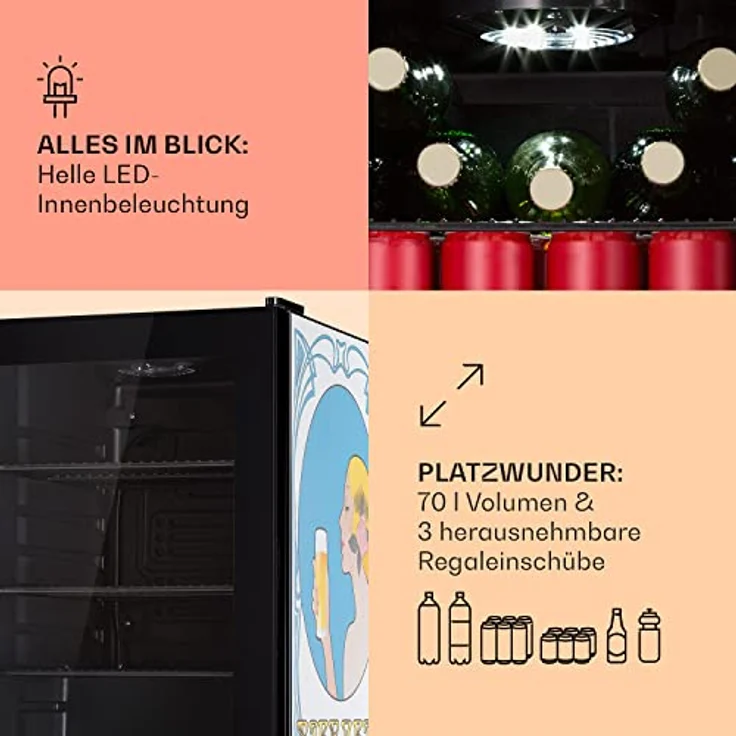 Klarstein Kühlschrank 70L, Mini Getränkekühlschrank mit Glastür & LED, Outdoor geeignet, leiser Biersafe, 0-10°C, herausnehmbarer Ablagen – Bild 5