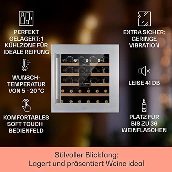 Klarstein Vinsider 36 Built-In Uno Weinkühlschrank, Einbau, edelstahl, 36 Flaschen, Energieklasse G – Bild 3