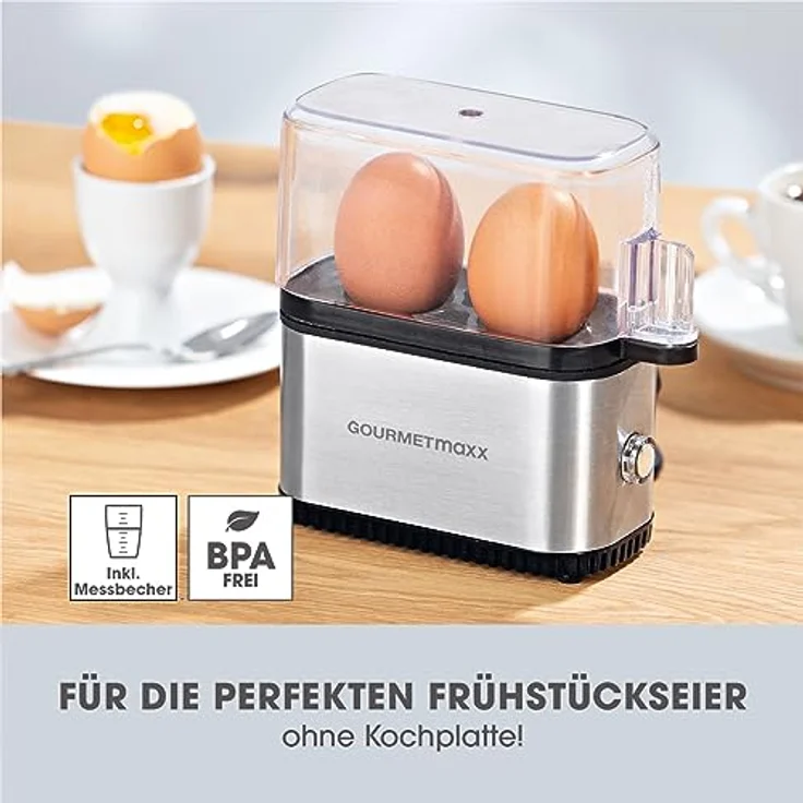 GOURMETmaxx Eierkocher für 2 Eier | Elektrischer Egg Cooker mit Messbecher & Ei-Pick | Kompaktes Design [Edelstahl] – Bild 2