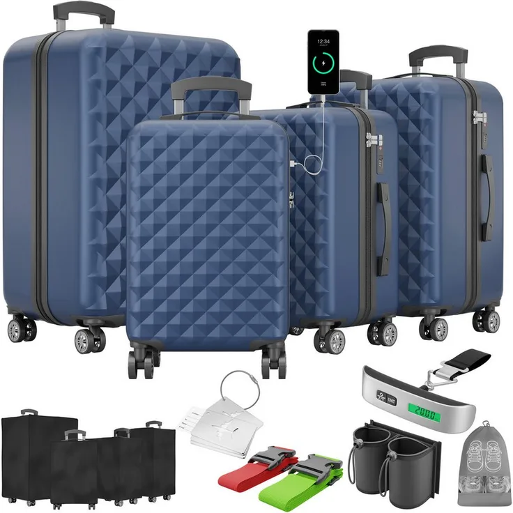 Onbest Kofferset 4-teilig Hartschalen Trolley PREMIUM S-M-L-XL, inkl. TSA-Schloss, USB-C Anschluss, schwarz