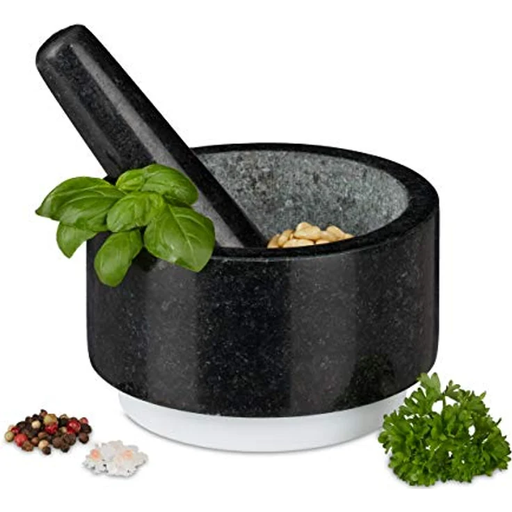 Relaxdays Granit Mörser mit Stößel, langlebig, Gewürze, Kräuter, rutschfest, Steinmörser, Ø 14 cm, 400 ml, grau-weiß – Bild 2