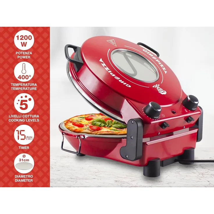 Beper P101CUD301 Pizzaofen mit Bullauge, 400°C, 31 cm Keramikplatte, 5 Kochstufen, 15-Minuten-Timer, wärmeisolierte Griffe, Edelstahlpaddel