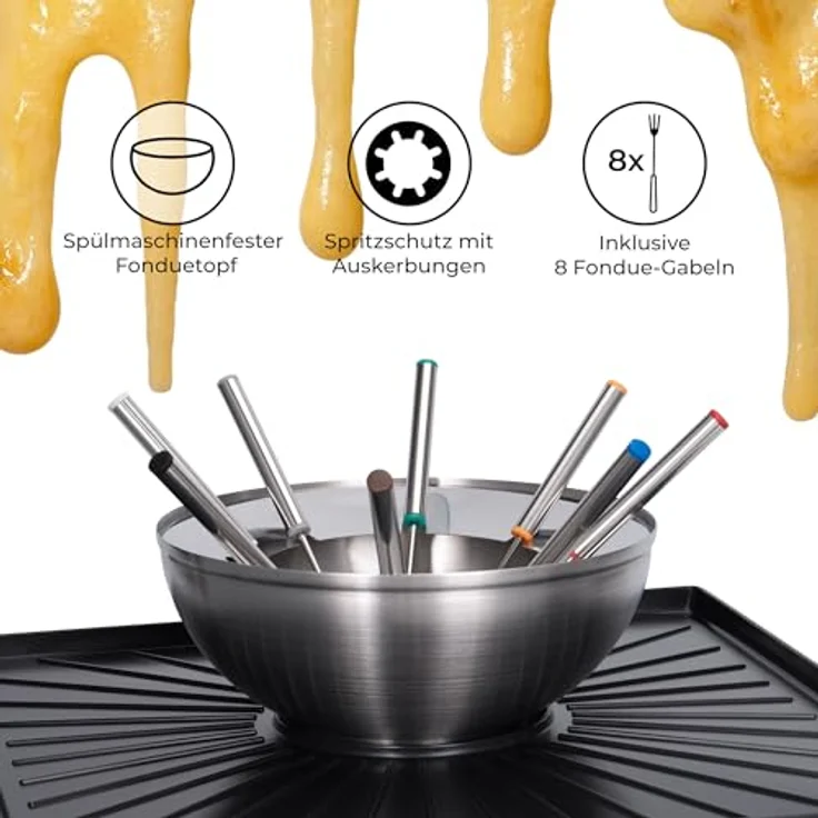 KLAMER Raclette Fondue Kombi 3-in-1 für 8 Personen, 2200 W, Edelstahl mit ILAG Antihaftbeschichtung, inkl. 8 Holzspatel, Pfännchen und Fonduegabeln, Deutsches Design Berlin – Bild 5