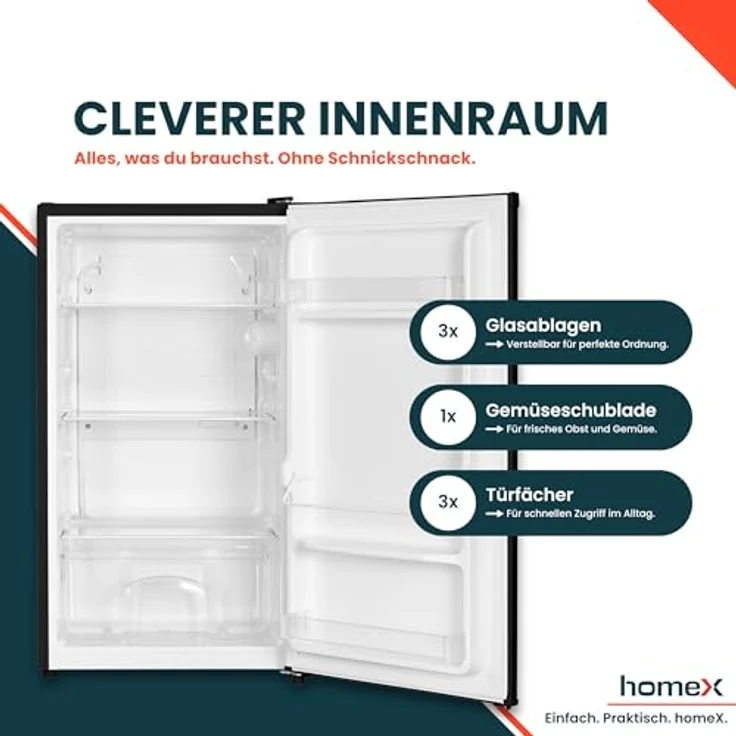 homeX CS1016-B Kühlschrank ohne Gefrierfach, 88 L, kompaktes Design, freistehend, schwarz, leise 39 dB(A) – Bild 3
